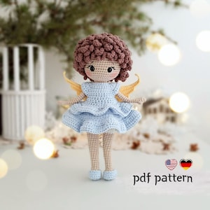 Crochet doll pattern, cute crochet doll wearing dress, amigurumi doll crochet angel, Christmas amigurumi doll image 1