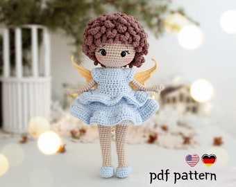 Crochet doll pattern, cute crochet doll wearing dress, amigurumi doll crochet angel, Christmas amigurumi doll