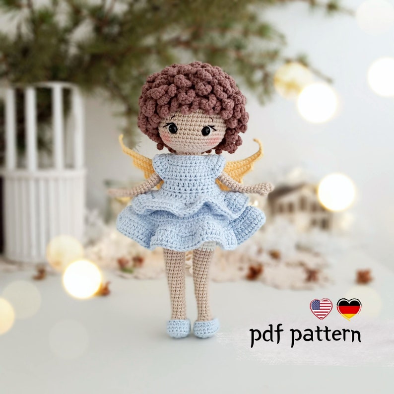 Crochet doll pattern, cute crochet doll wearing dress, amigurumi doll crochet angel, Christmas amigurumi doll image 1