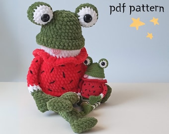 Crochet frog pattern, frog plush pattern, amigurumi frog toy, cute crochet frog, green frog crochet pattern, watermelon crochet frog