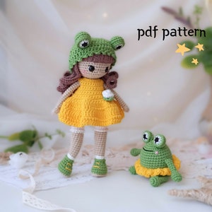 Crochet doll pattern, cute crochet doll in a frog hat, amigurumi doll and green frog, crochet toy pattern doll and frog