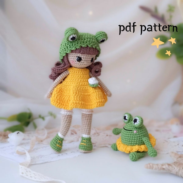 Crochet doll pattern, cute crochet doll in a frog hat, amigurumi doll and green frog, crochet toy pattern doll and frog