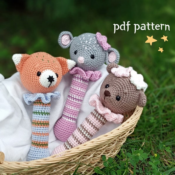 Set of 3 patterns, crochet baby rattle pattern, amigurumi pattern, crochet rattle stuffed animal is bear, fox, mouse