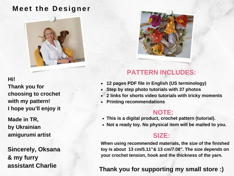May include: A digital crochet pattern for a mushroom amigurumi toy. The pattern includes 12 pages of instructions, step-by-step photos, and video tutorials. The finished toy is about 13 cm tall. The pattern is available for download only.