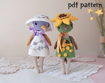 Bird crochet pattern, set of 2 patterns, crochet doll pattern, sunflower crochet bird, lavender crochet bird, amigurumi bird doll toy