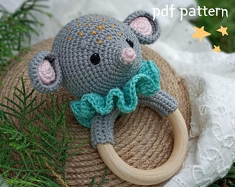 Crochet baby rattle pattern, mouse crochet baby rattle, crochet amigurumi pattern, mouse crochet toy pattern