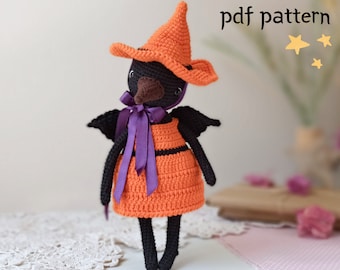 Crow doll crochet pattern, halloween amigurumi doll, bird crochet pattern, halloween witch doll crochet toy, amigurumi  crow pattern