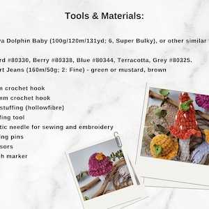 May include: A list of tools and materials required to crochet mushroom amigurumi toys. The list includes yarn, crochet hooks, stuffing, and sewing supplies. The image also shows three crocheted mushrooms in different colours.