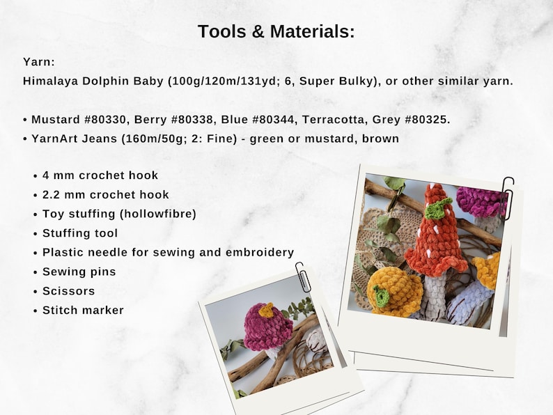 May include: A list of tools and materials required to crochet mushroom amigurumi toys. The list includes yarn, crochet hooks, stuffing, and sewing supplies. The image also shows three crocheted mushrooms in different colours.