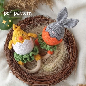 Crochet baby rattle pattern, set of 2 patterns, amigurumi chicken and bunny toys, Easter bunny baby rattle patern, crochet chicken rattle