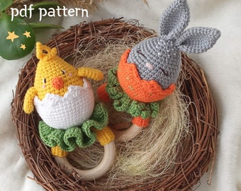 Crochet baby rattle pattern, set of 2 patterns, amigurumi chicken and bunny toys, Easter bunny baby rattle patern, crochet chicken rattle