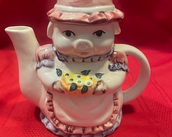 Pig Teapot, Anthropomorphic Pig Teapot, Ceramic, 6 1/2 inches, Vintage, No Maker&#39;s Mark