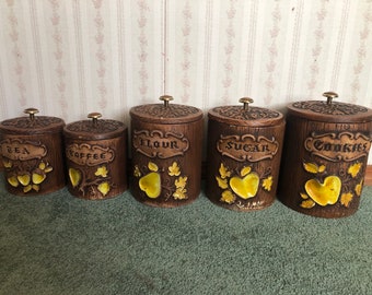 Treasure Craft Canister Set, 5 Piece, Cookies, Sugar, Flour, Coffee, and Tea, Vintage Kitchenware, Made in USA, 1960s