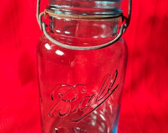 Ball Mason Jar, Aqua Blue Glass, 1910-1923, Ideal, Sure Seal Lid, 32 ounces