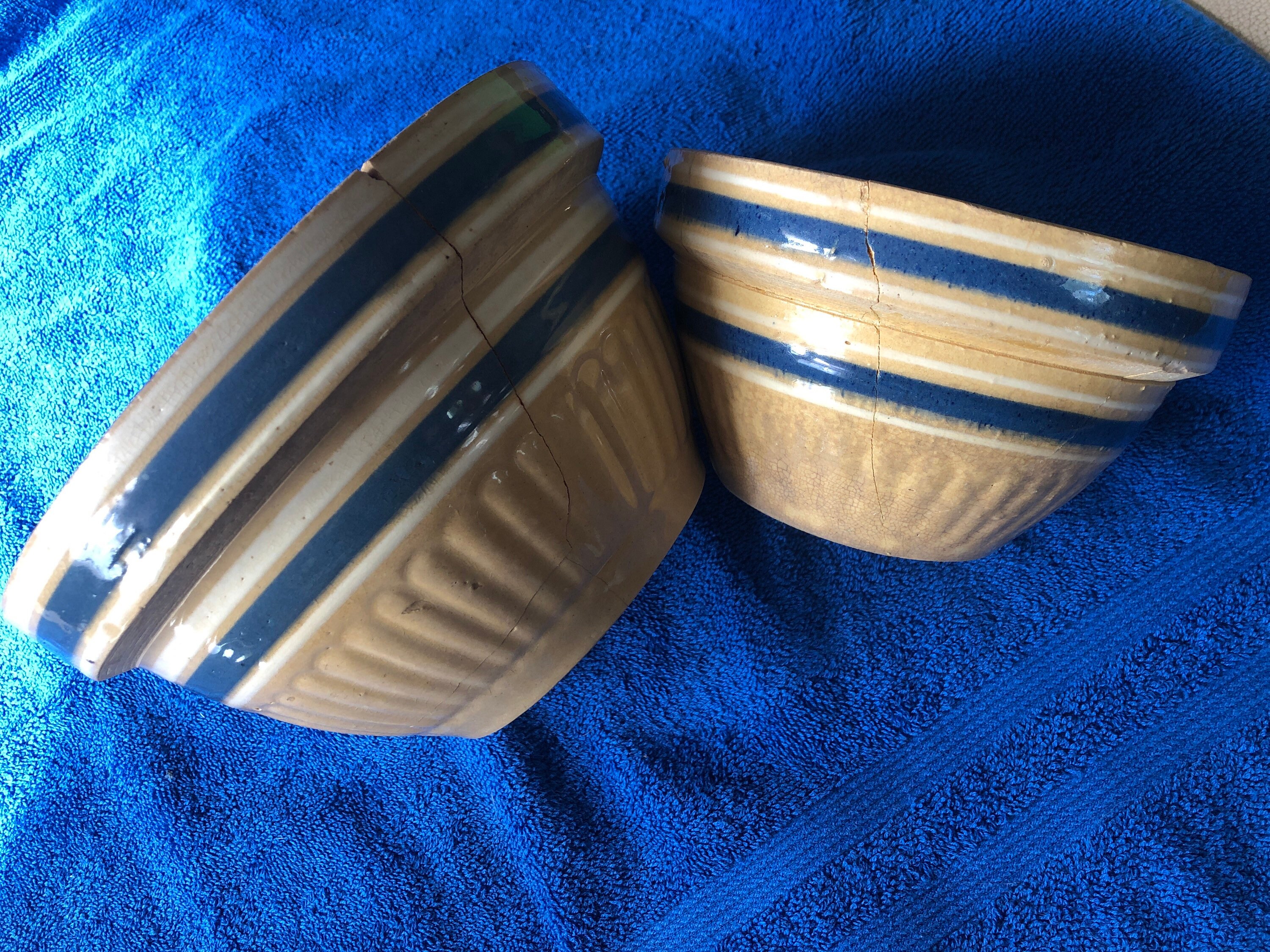 2 Antique Yellow Ware Kitchen Bowls With Blue and White Etsy