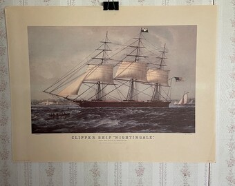 Currier and Ives Lithograph Print, Clipper Ship &quot;Nightingale&quot;, Vintage Art, 1968