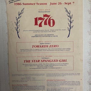 Plakat teatralny Vintage, Festiwal Teatralny Cooperstown, Sezon Letni 1986, 1776, Musical Broadway, Agatha Christie's Towards Zero