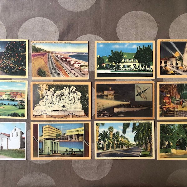 Lot of 12 Vintage California Postcards, Beverly Hills, Santa Monica, Altadena, Hollywood, Riverside, Santa Catalina, Los Angeles, Unused,