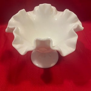 Fenton Art Glass Thumbprint Ruffled Compote or Pedestal Bowl, White Milk Glass, 5 inches tall, Vintage,