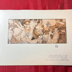 May include: An antique print featuring a detailed illustration of several figures in a classical style. The artwork, rendered in sepia tones, depicts nude and draped figures, with text at the bottom reading "From a drawing by Charles Sargeant Jagger."