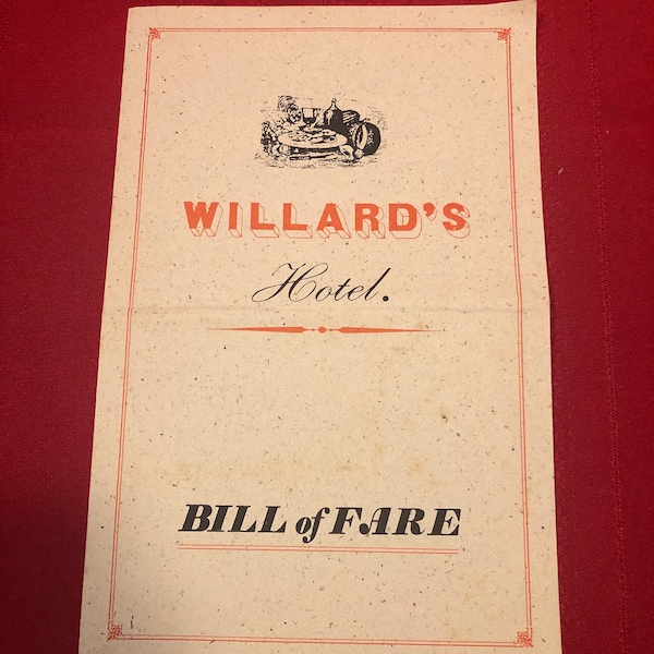Willard’s Hotel, Bill of Fare, Vintage Menu, Upper Canada, Ephemera
