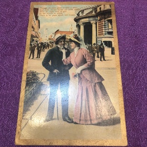 Cartolina di coppia edoardiana, poesia d'amore, romanticismo, messaggio segreto, timbro postale 1910, cartolina usata