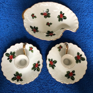 Lefton China Christmas Set: Holly Berry Candlestick Holders and Trinket Bowl