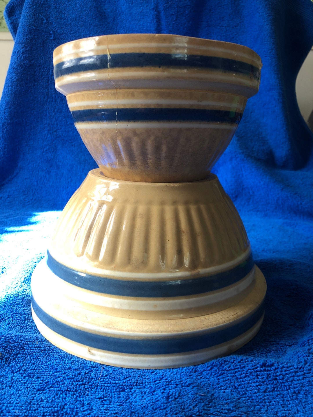 2 Antique Yellow Ware Kitchen Bowls With Blue and White Etsy