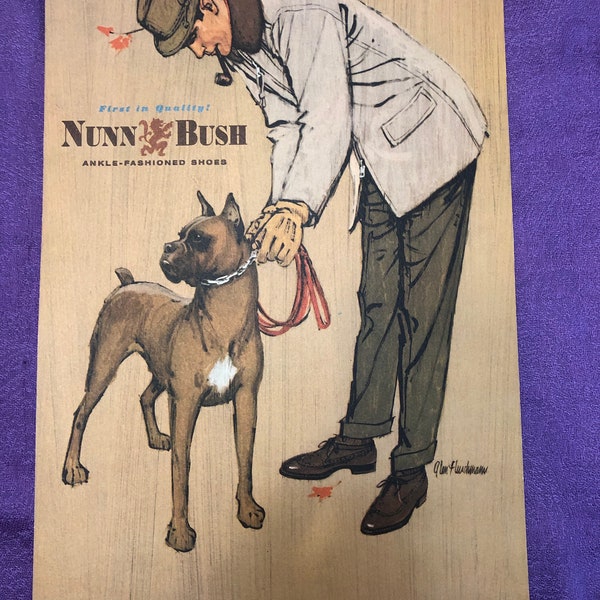 Nunn-Bush Ankle-Fashioned Shoes Cardboard Advertisement with unused Easel, 1950's, Man and his Dog