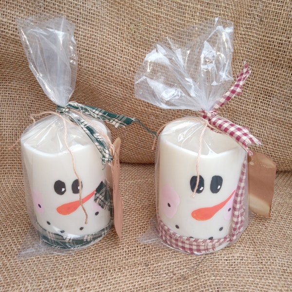 Set of 2 handpainted snowman battery operated  candles/ Snowman candles/battery operated  snowman candles/ snowman gifts with tags.