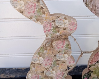 Floral Wood Bunny Decor: Country Style Standing Rabbit with Jute Bow