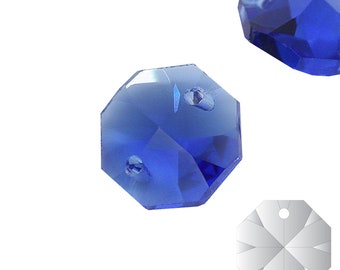 10x Kristallglas Oktagon ø14mm 2-Loch Saphire Blau facettiert farbig