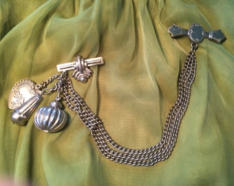 Vintage 1940s Silver Tone Chatelaine Chain with Charms and Brooch Pins