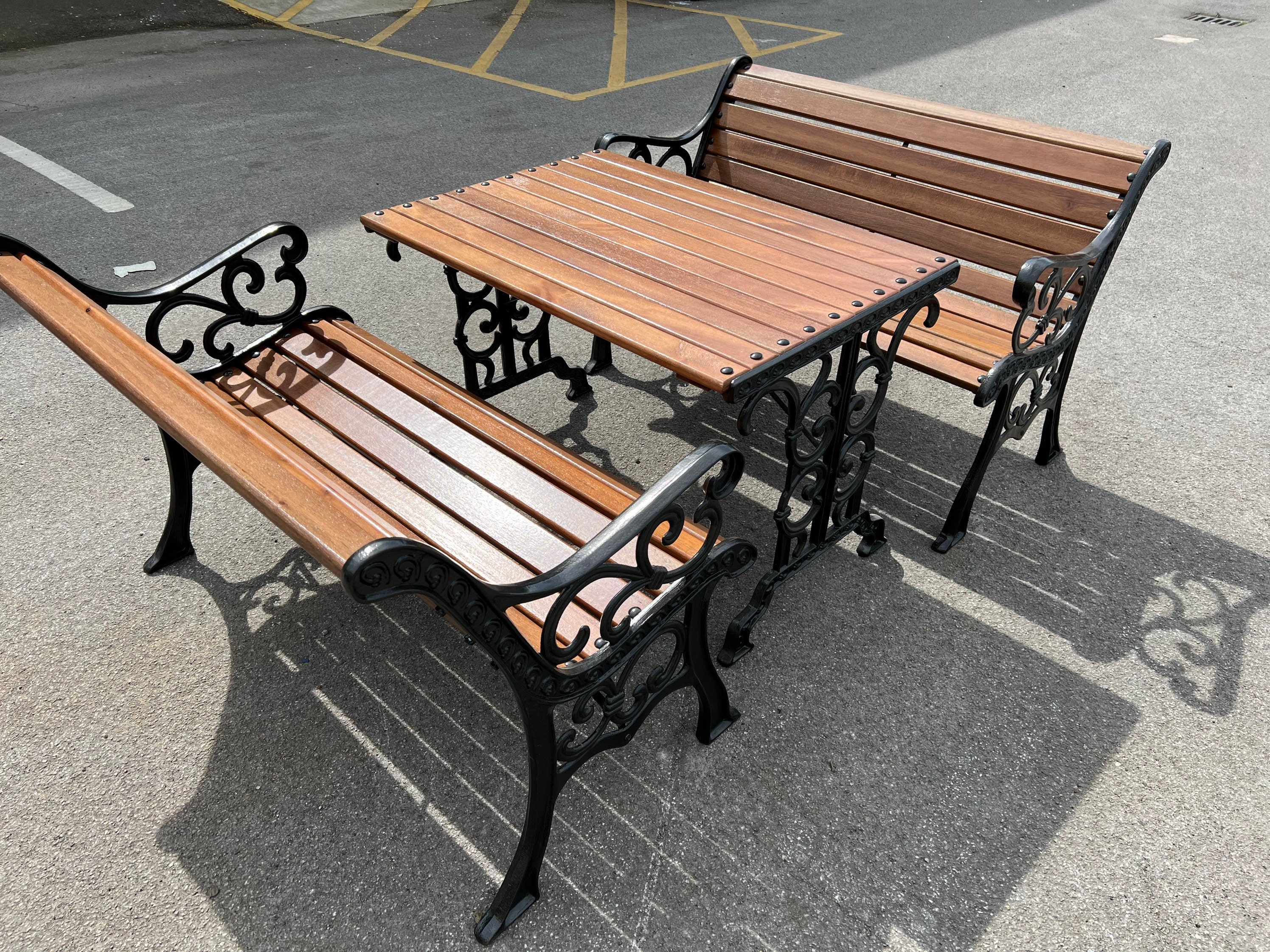 Cast Iron Garden Table bench Rustic Golden Oak Finish Wood 21 Set
