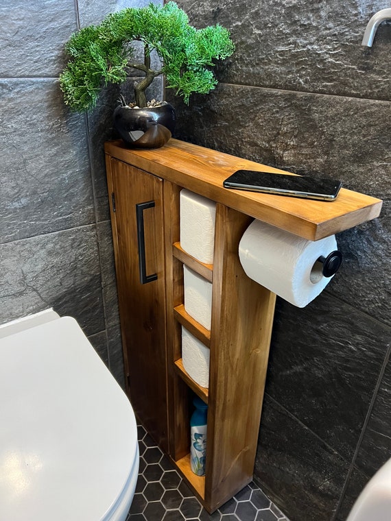Natural Wood Toiletries Storage Bin and Toilet Paper Roll Holder