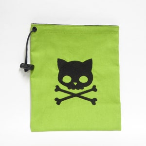 Punk Kitty Embroidered Dice Bag, Green Cotton Canvas Drawstring