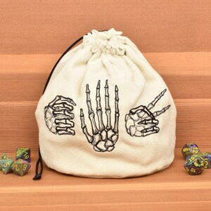 Rock Paper Scissors Skeleton Embroidered Dice Bag, Faux Suede Drawstring