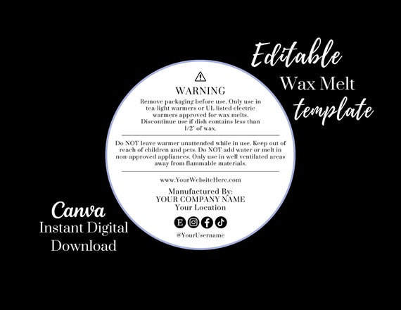 Candle & Wax Melt Warning Label Template DIGITAL DOWNLOAD Editable