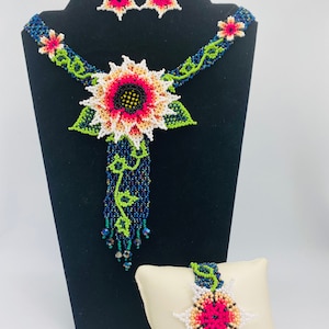 White Flower Tie Choker huichol jewelry set