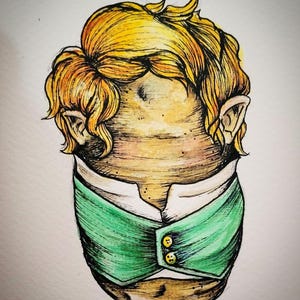 May include: Illustration of a potato-shaped figure with yellow hair and ears, wearing a green vest with gold buttons over a white collared shirt. The artwork is a whimsical, hand-drawn style with watercolor effects.