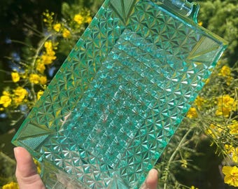 Antyczne szkło uranowo-wazelinowe, naczynie do kiszenia ogórków, taca na selera, diamentowy punkt, turkusowo-zielone szkło UV, wiktoriański EAPG