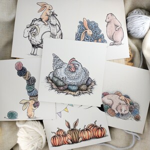 Collection de six cartes de voeux - Illustrations de compagnons de tricot par Laura Martin, cartes d'anniversaire humoristiques d'animaux