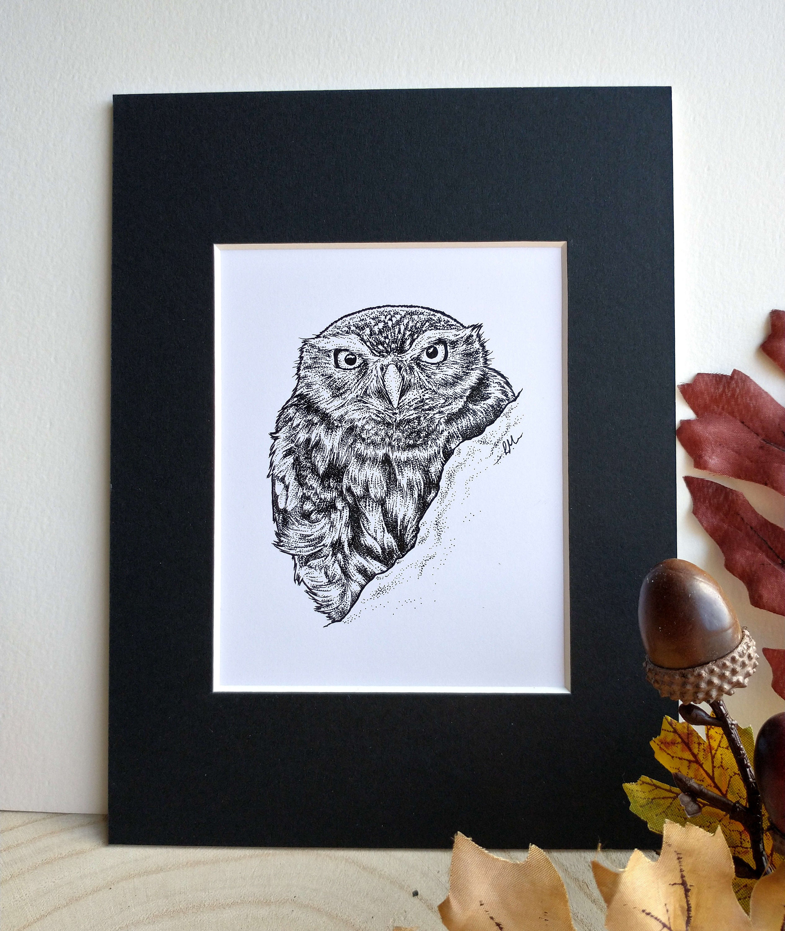 Little Owl Ink Illustration: Original Dotwork Bird Wall Art