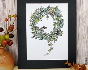 Winter Wall Art - Original Ink and Watercolour Illustration, Winter Wildlife Wreath, Christmas Nature Artwork