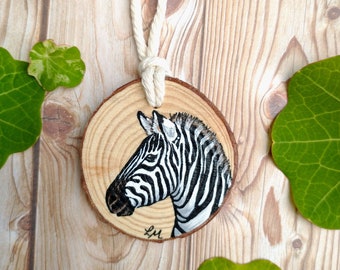 Wooden Zebra Hanging Decoration, Hand Painted Miniature Ornament, Christmas Tree Decoration