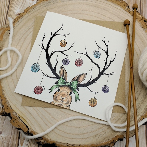 Festive Greeting Card – "The Knitalope", Humorous Knitters’ Card, Jackalope Christmas Card, Knitting Companions Illustration by Laura Martin