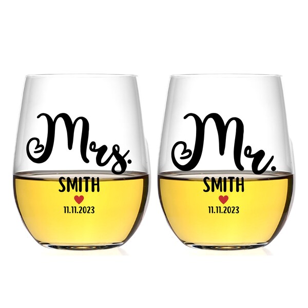 Wedding Day Gift Idea Customized 20oz Wine Glass, Permanent Vinyl, Mr. and Mrs., Present for Bride and Groom, Pack of 2
