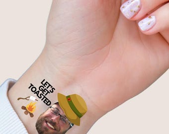 Let's Get Toasted Camping Themed Bachelorette Temporary Tattoos, Bachelor Party Favors, Bride or Groom's Face Tattoo, Funny Gifts