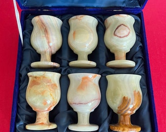1 Handmade Onyx Stone Wine Glasses 6 Pieces Set with Blue Original Case from Pakistan for Dinner Table Living Room Kitchen Barware