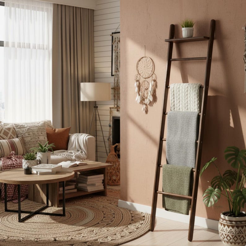 Farmhouse Wood Blanket Ladder: Towel Rack, Plant Stand image 19